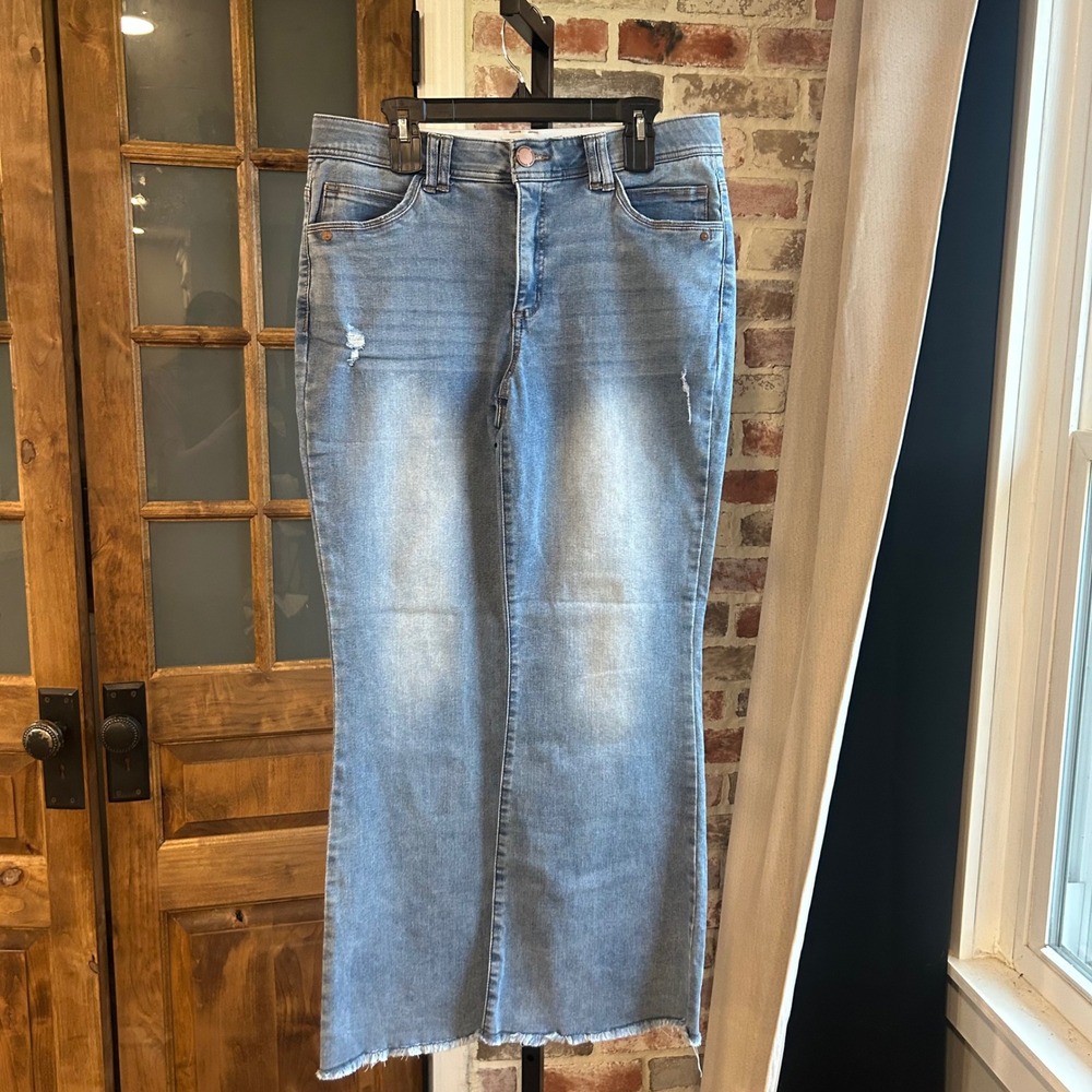 Democracy Jeans Women Blue Ab Technology Flare Leg Raw Hem Denim 14